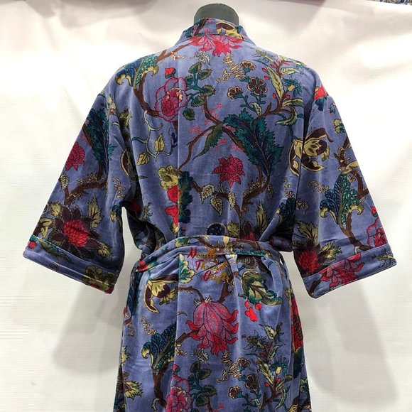 Floral Print Velvet Kimono Luxury Jacket, Party Boho Robe Lounge Wear - Unisex - Picture 12 of 16